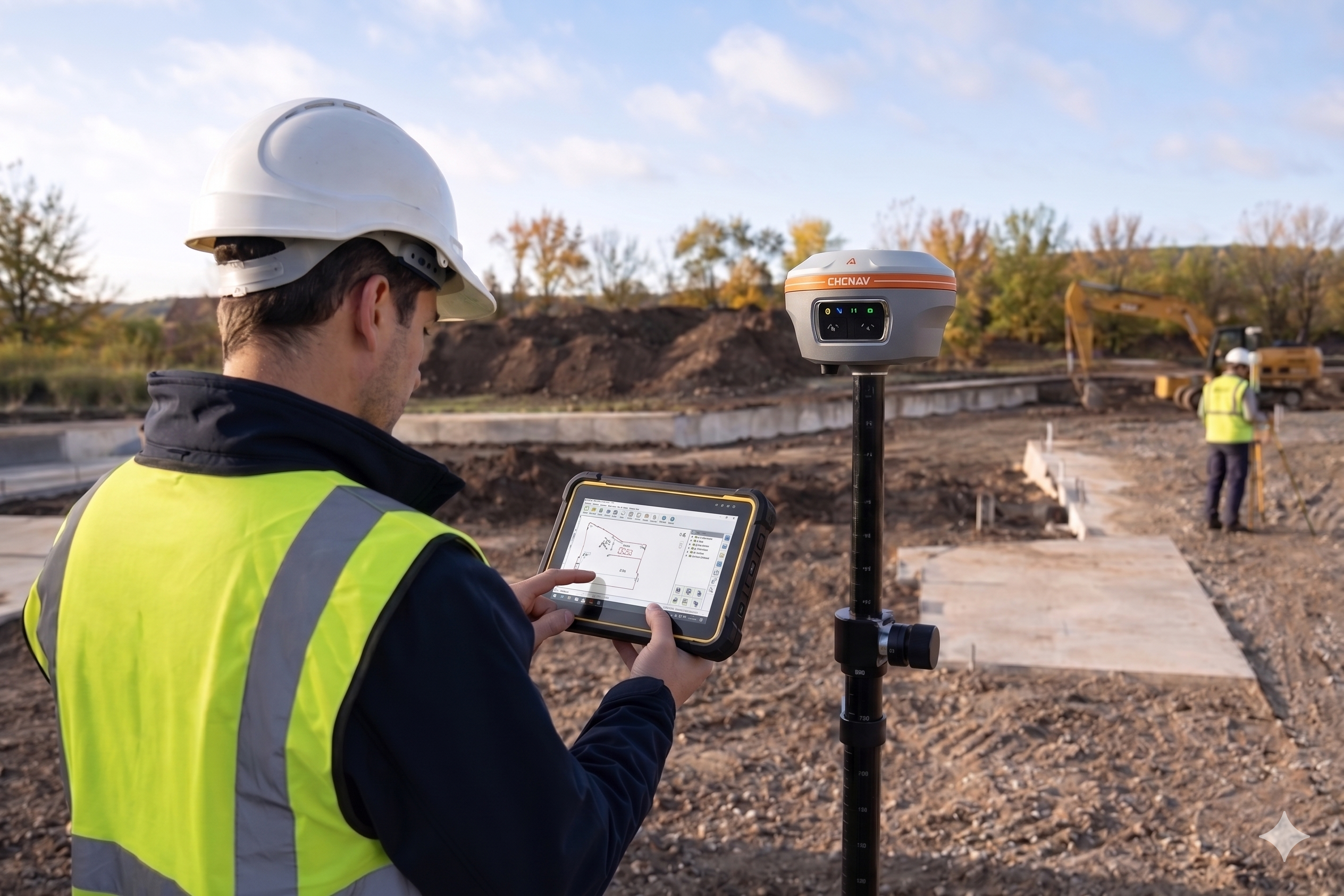 Deux géomètres ou ingénieurs en gilet jaune et casque de chantier utilisant un récepteur GNSS et une tablette sur un site de construction en extérieur.